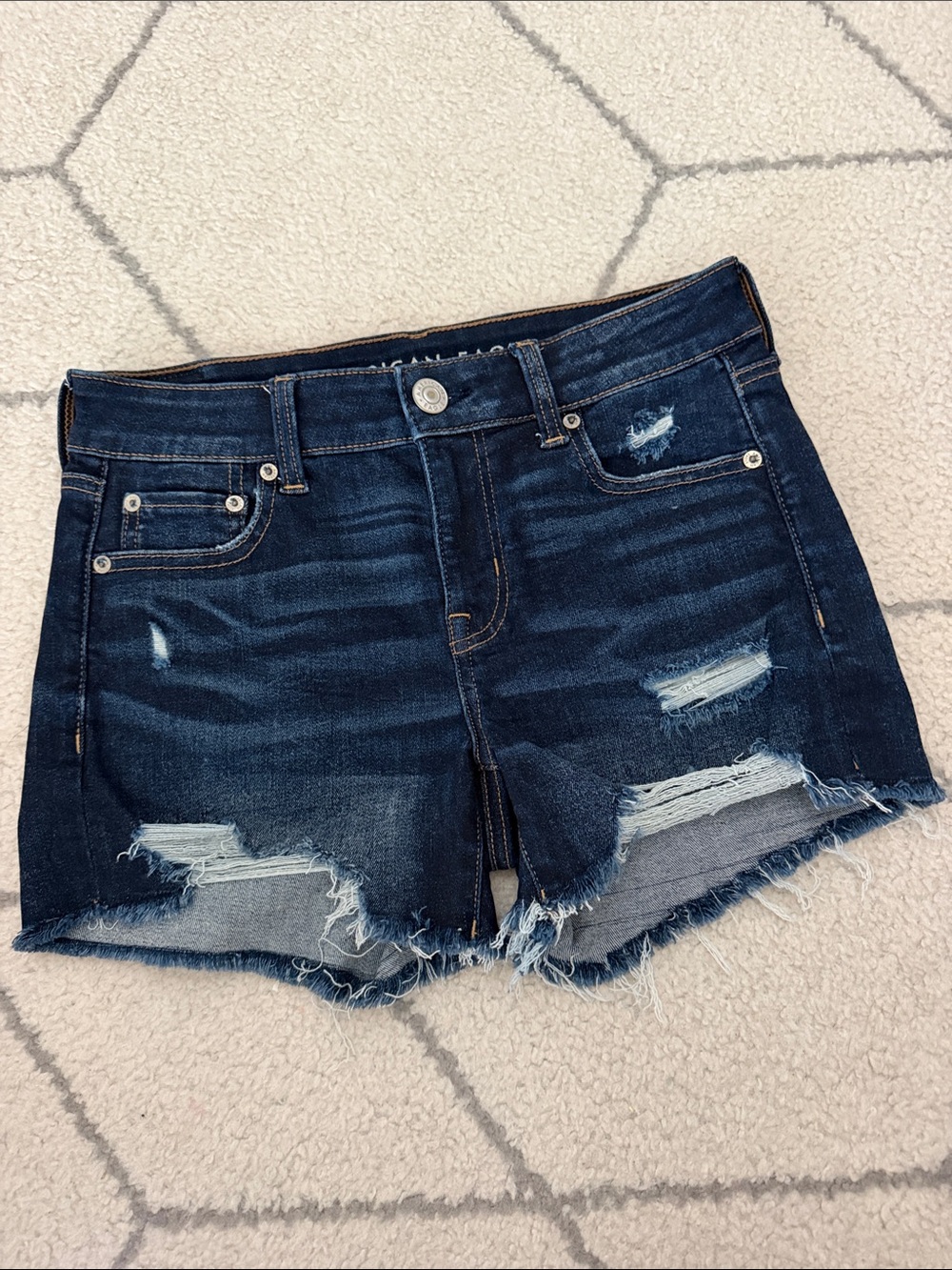 American Eagle Next Level Stretch Midi Dark Blue Distressed Denim Shorts